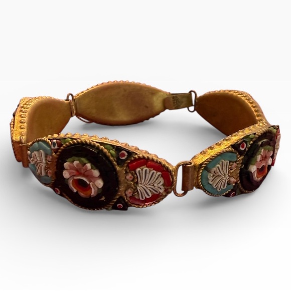 Antique Jewelry - Antique Italy Signed Micro-Mosaic Floral 5 Panel Bracelet